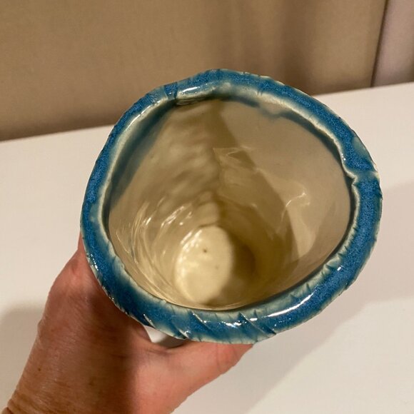 Studio Pottery‎ Vase Coastal Glaze 6” Blue Green Foliage & Bird Art - Picture 4 of 5